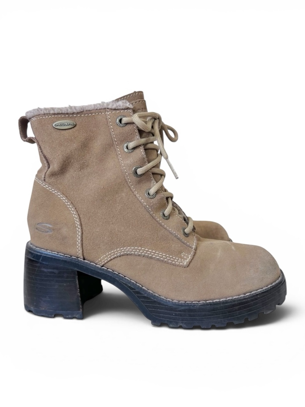 Y2K Skechers Mesa Stone Sherpa Chunky Round Toe Block Heel Ankle Boots